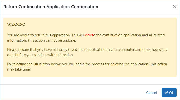 Return Continuation Application Confirmation screen