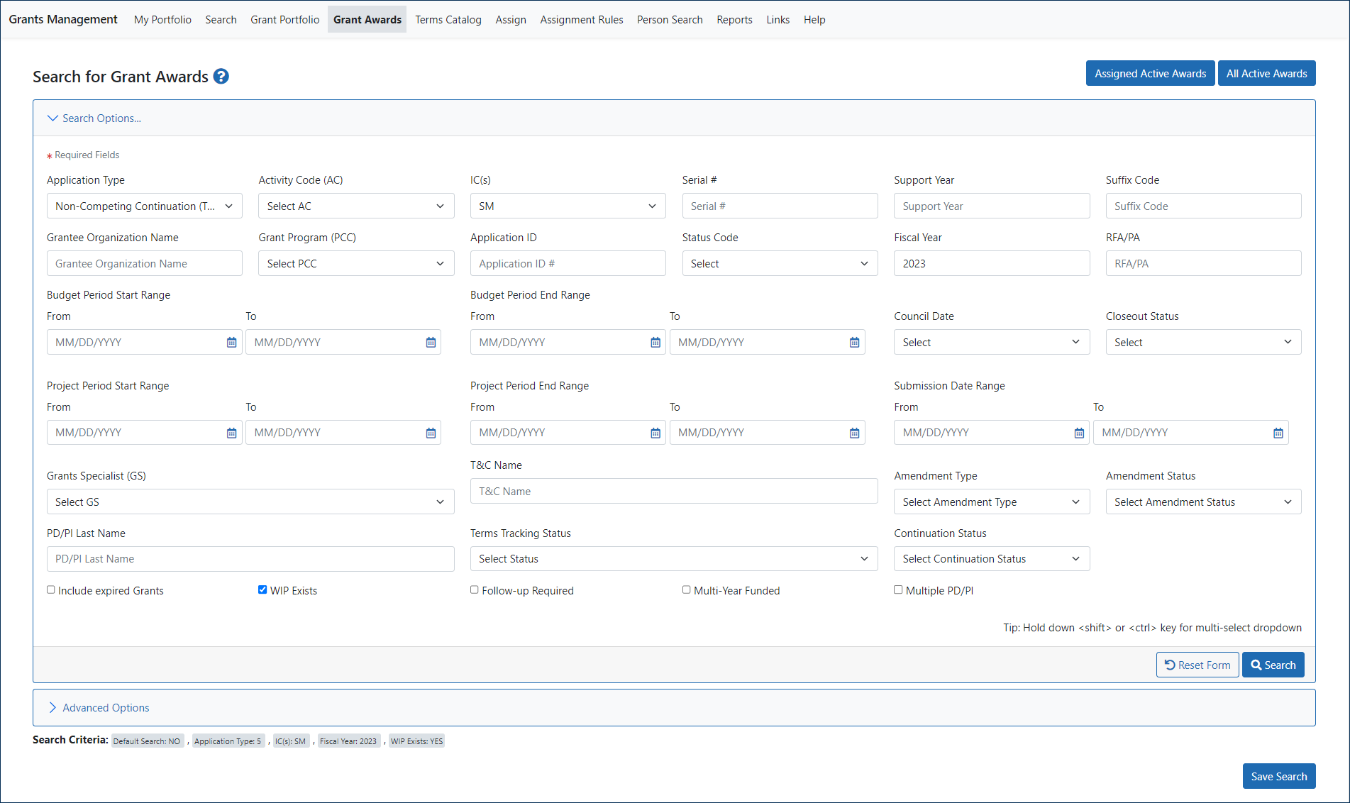 Search for Grant Awards Search Options fields