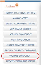 The Actions panel is shown, highlighting the Validate Component button