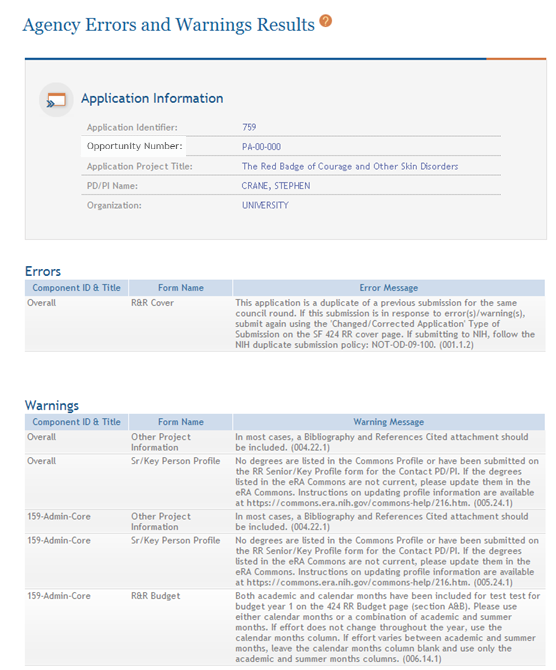 Agency Errors and Warnings Results shows errors and warnings for application