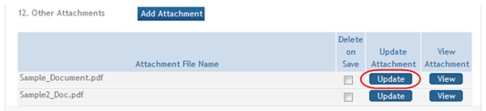 A table of attachments is shown, with the Update button highlighted