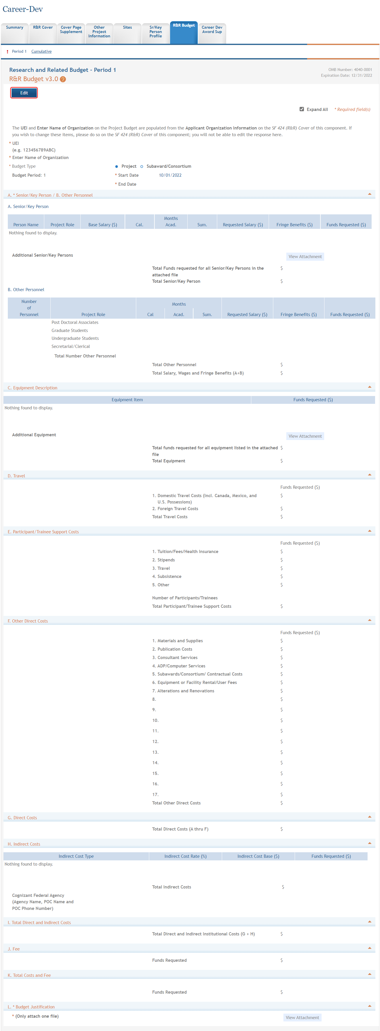 The R&R Budget form for the component