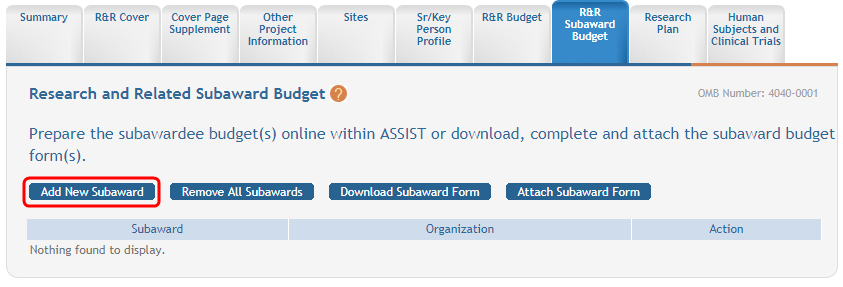 The Add New Subaward button is shown