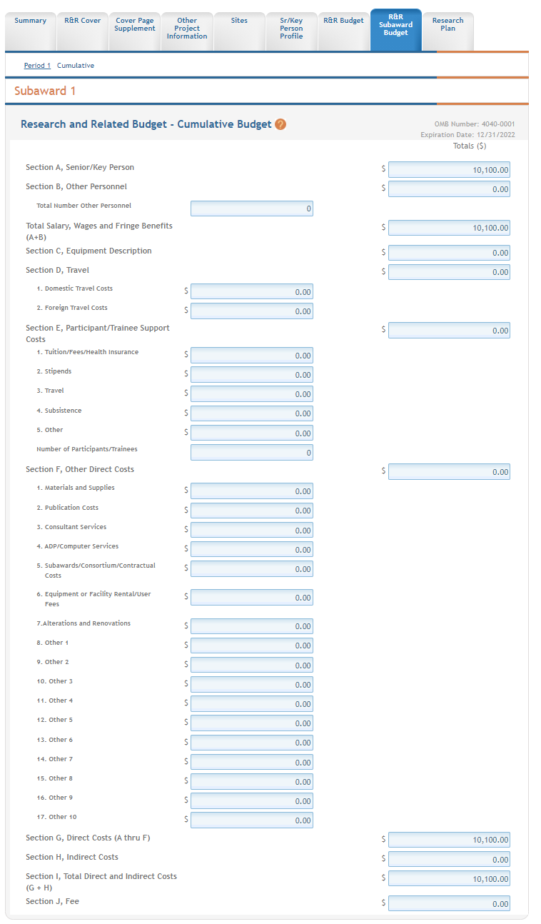 The subaward's Research & Related Budget - Cumulative Budget page