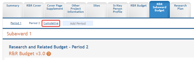 The top of the Subaward 1 page showing the links for each period and the Cumulative link