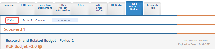 Top of the Subaward 1 page, showing the links for selecting a specific budget period (in this image, Period 3)
