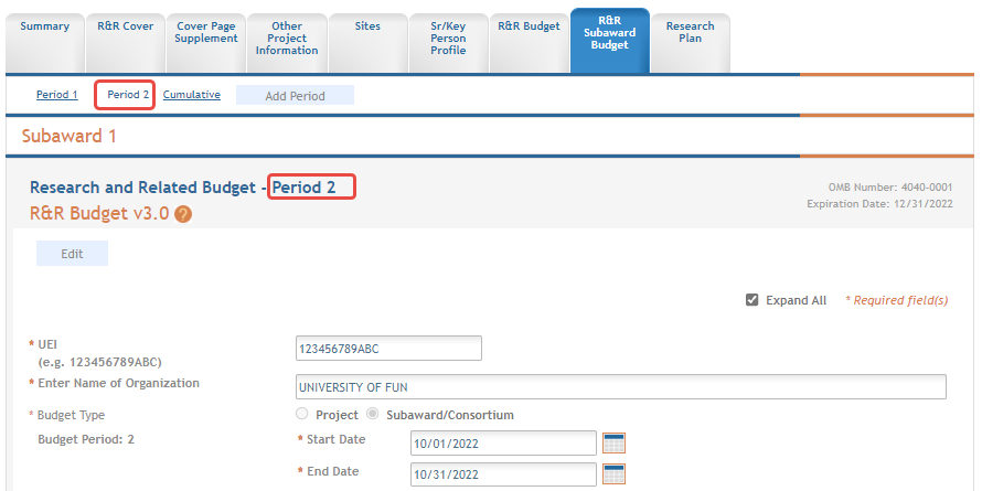 The top of the Research and Related Budget page for the new period (in this image, Period 2).