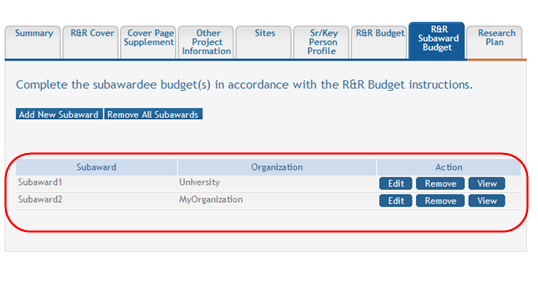 The added subawards displayed in a table format on the R&R Subaward Budget tab main page