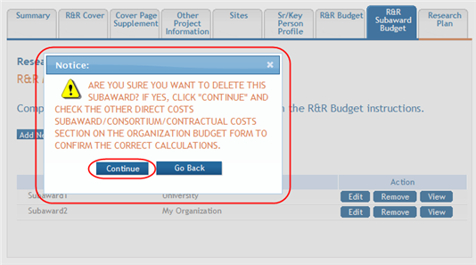Confirmation message: Are you sure you want to delete this subaward?