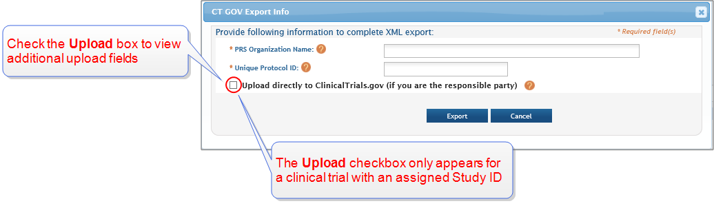 Screenshot of CT Gov Export pop-up for clinical trial upload