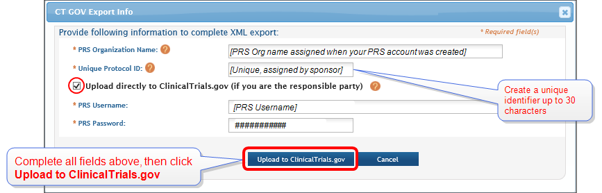 CT Gov Export Info window with Upload box checked