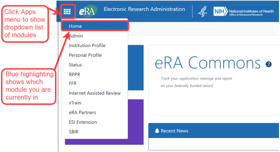 Navigating to and between modules:: Click Apps menu at upper left to access vertical navigaton bar