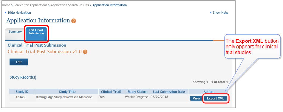 ASSIST screen showing Clinical Trial study with the Export XML button
