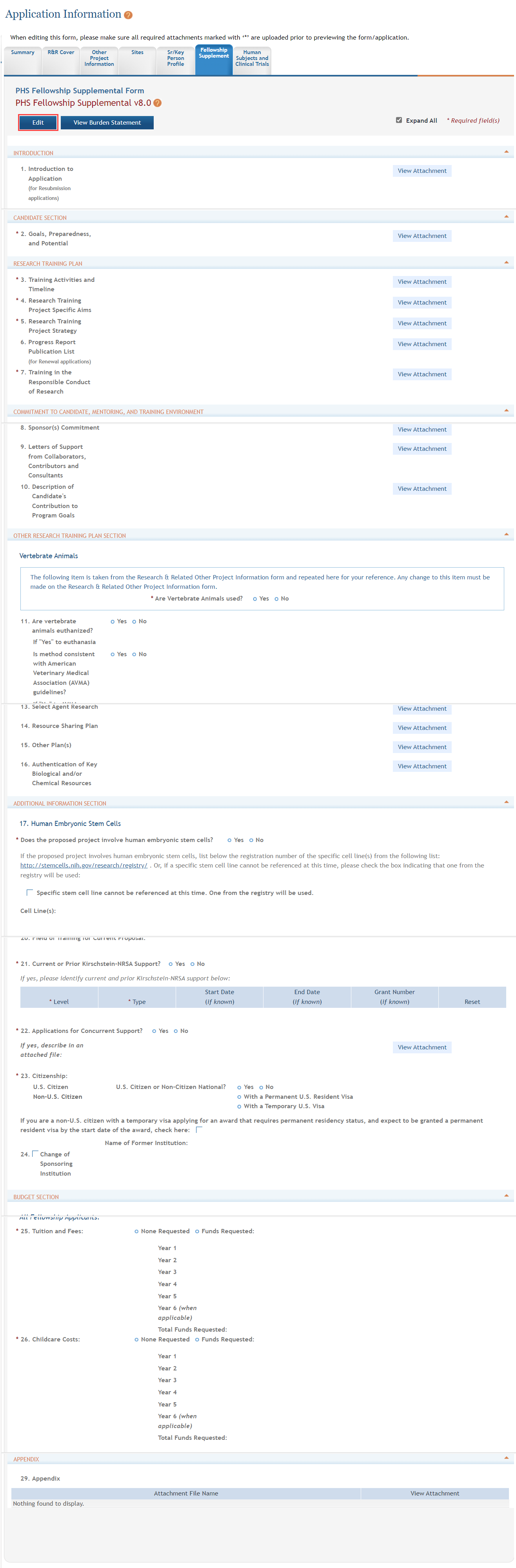 PHS Fellowship Supplement Form with Edit button highlighted