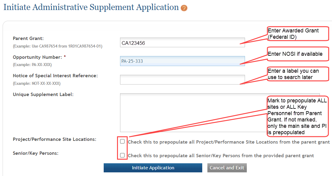 Initiate Admin Supplement Application screen indicating key areas