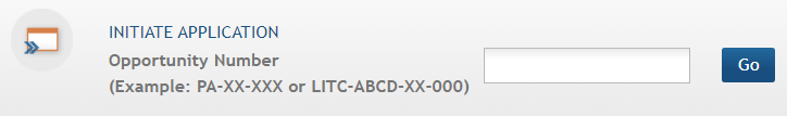 Initiate Application field used to enter an Admin Supplement opportunity number and the Go button