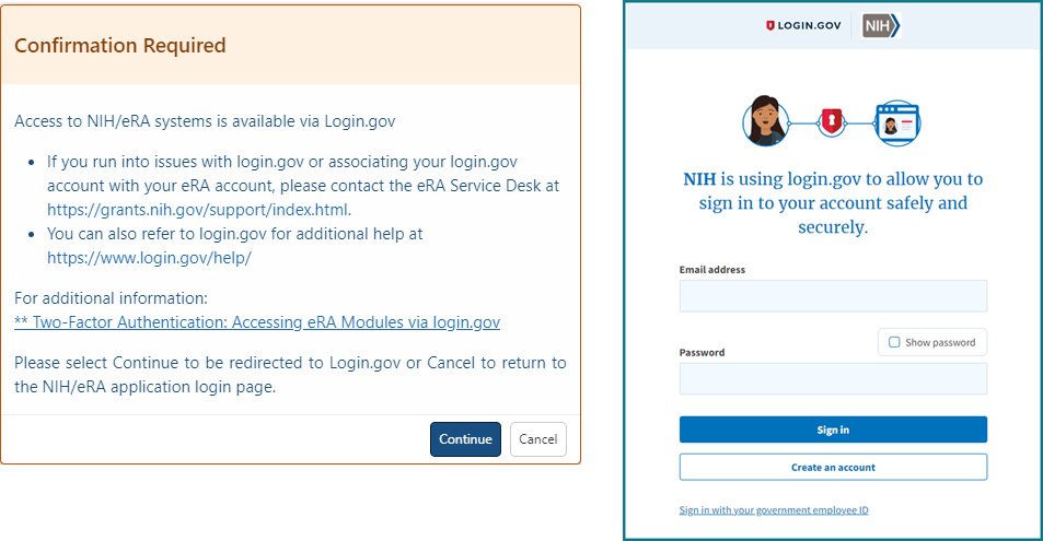 If you see one of these dialogs when logging in with your eRA credentials, you must now start using login.gov.