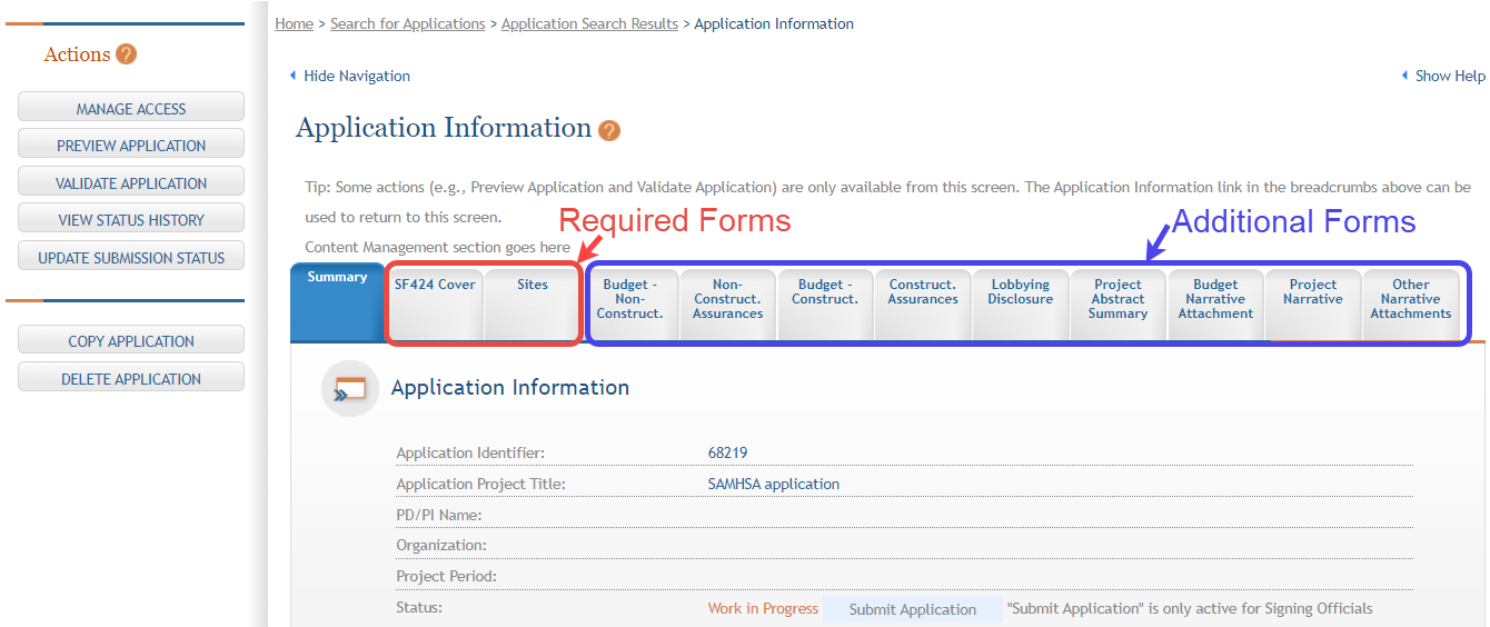 ASSIST Application Information view for PI