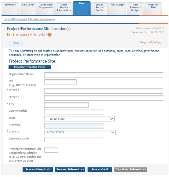 Project Performance Site Primary Location fields display for editing