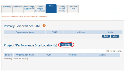Sites tab for Overall Component highlighting the Add Site button on the Primary/Performance Site section of page.