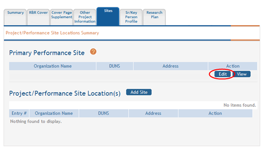 Performance sites form for the Overall component