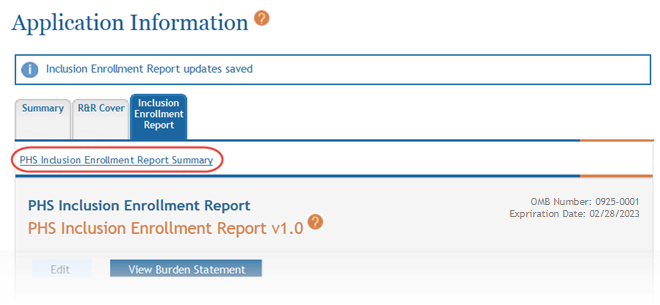 Inclusion Enrollment Report Displaying the Summary Link