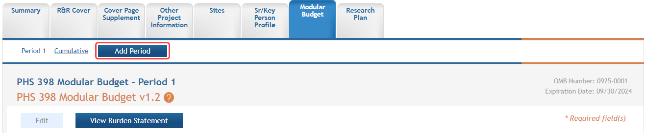Modular Budget form, highlighting the Add Period button at the top of the page