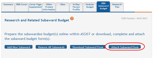 Attach Subaward Form button