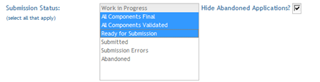 The Submission Status query parameter field is shown with multiple status options selected for the query