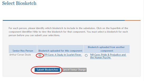 Select Biosketch screen showing a chosen selection and highlighting the Submit Biosketches button