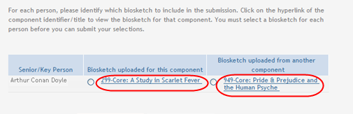 A zoomed in sample of the component title links on the Select Biosketch page