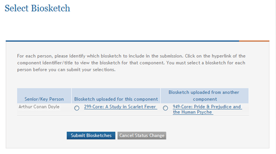 A sample of the Select Biosketch screen