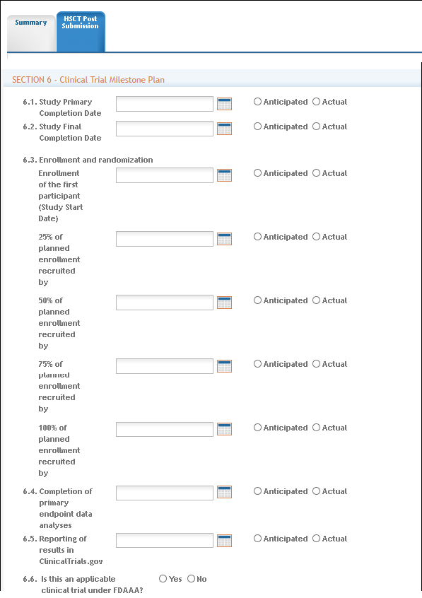 Screenshot of Section 6 of the study record