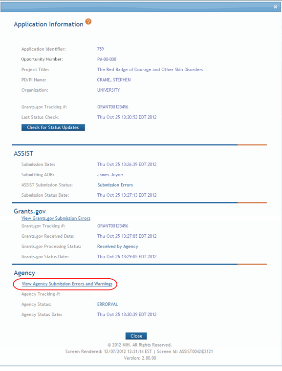 The submission status information includes links for viewing errors and warnings