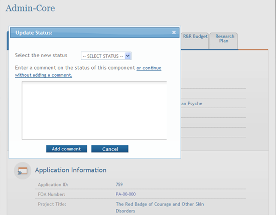 Update Status window displays on top of Component Information page (in this example, Admin-Core)