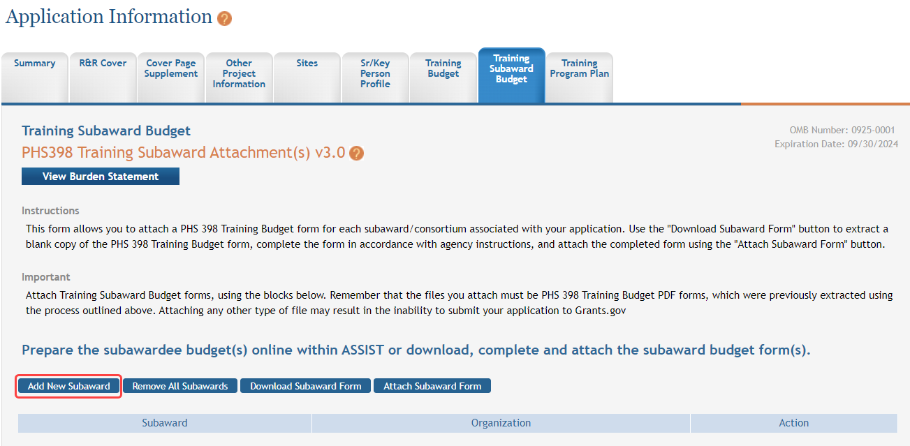Add New Subaward button