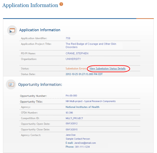 View Submission Status Details link is shown for a Submission Errors application