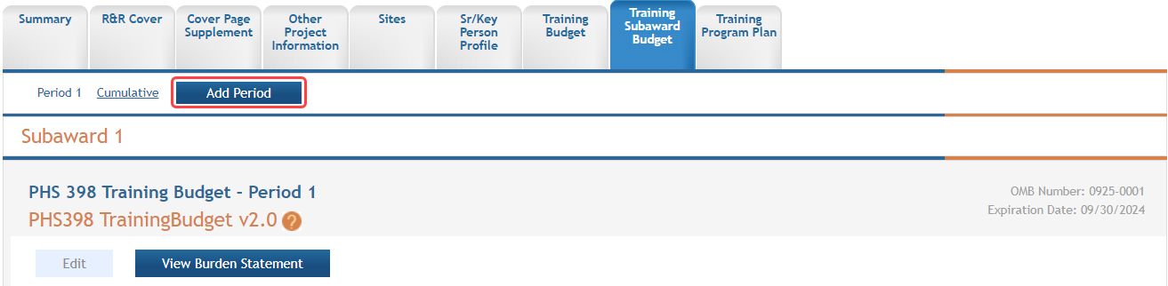 Add Period button on a subaward