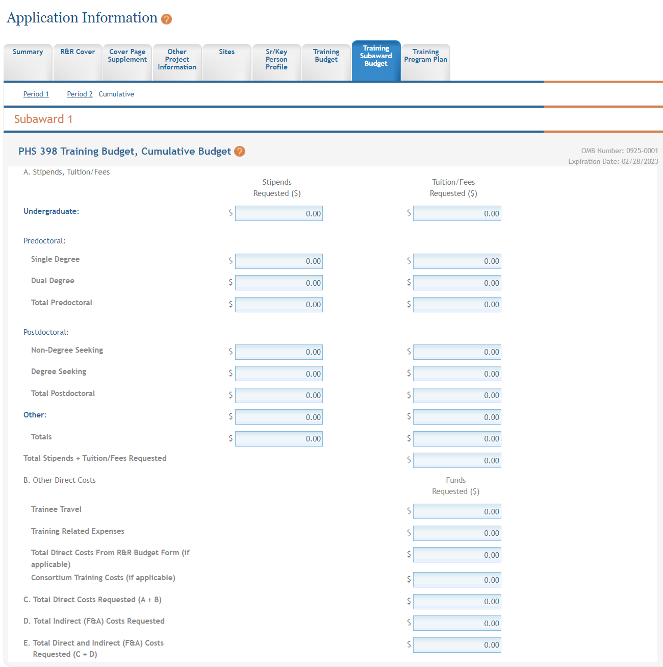 Cumulative Budget screen for subaward