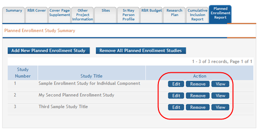 Summary table with buttons for view, edit, remove