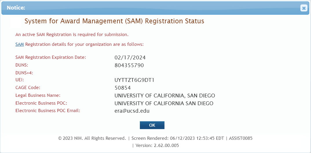 SAM Registration Status popup