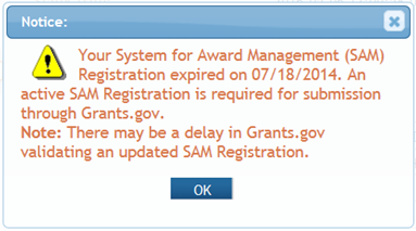 SAM Registration warning