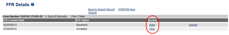 FFR Details screen focusing on the View link for FFR records