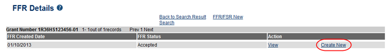 FFR Details for an Accepted FFR record with the Create New link available