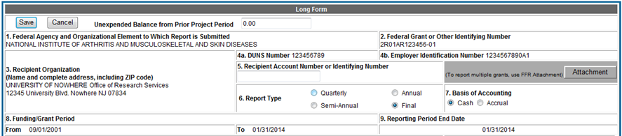 Portion of a sample FFR showing the General Information section of the form