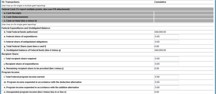 Transactions section (i.e., questions 10a-o) of the FFR