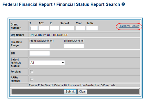 FFR search screen highlighting the Historical Search link