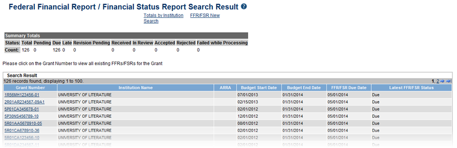 Portion of the screen showing sample search results