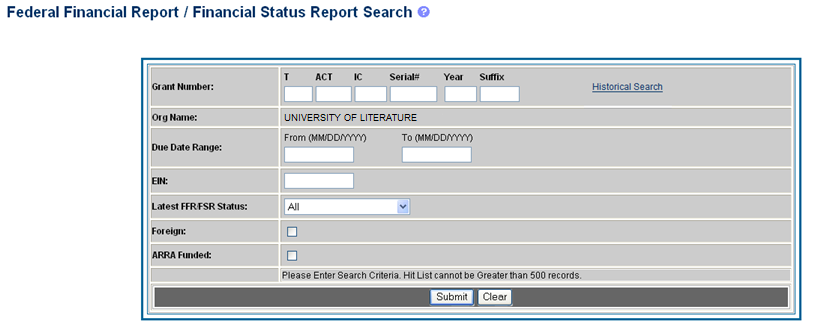 FFR Search screen