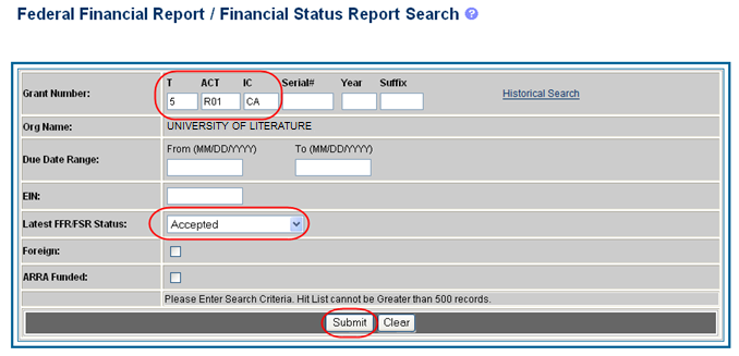 Some search parameters are entered as a sample; Submit button is pointed out